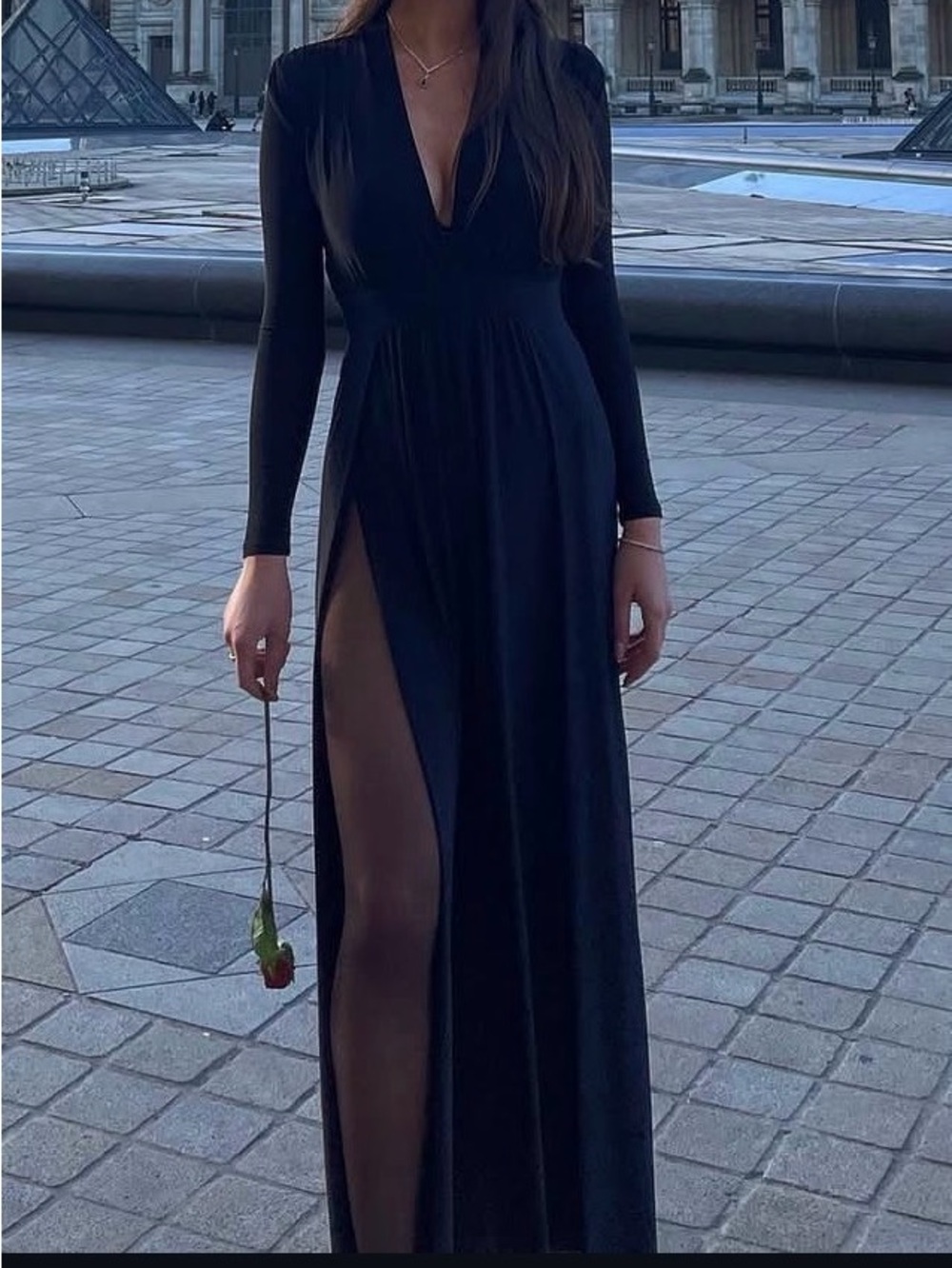 Elegant Black Long-Sleeve V-Neck Maxi Dress with slits on both sides